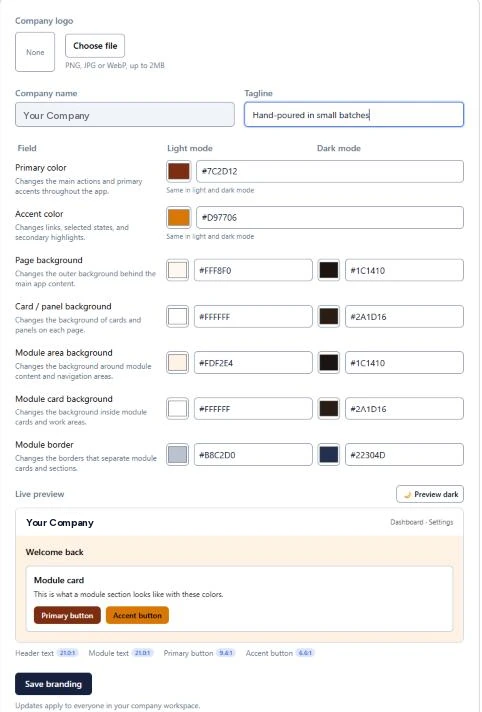 GodKey MFG Settings, Company Branding in Advanced mode: logo, company name, tagline, and light-mode and dark-mode hex colors for the primary color, accent color, page background, card background, module area, module cards and module border, with a live preview and contrast checks