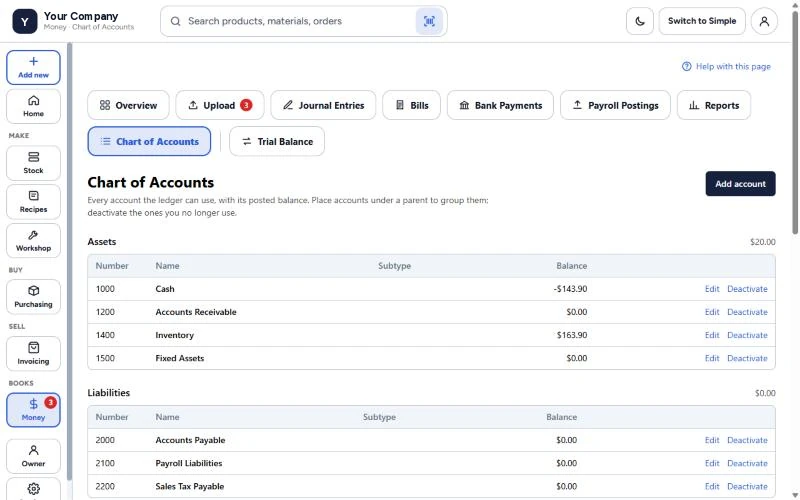 GodKey MFG Chart of Accounts in Advanced mode: journal entries, payroll postings and trial balance tabs, with Add account, Edit and Deactivate