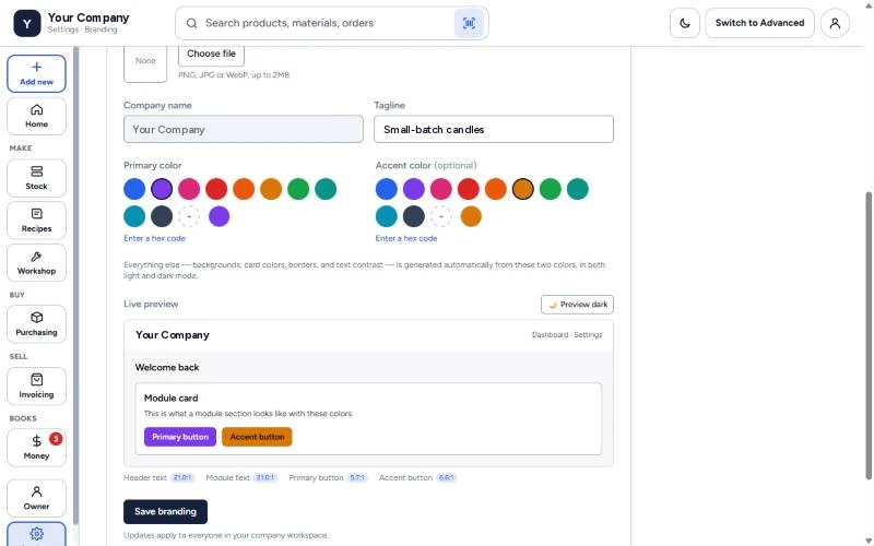 GodKey MFG Settings, Company Branding: logo, company name, tagline, primary and accent colors, and a live preview with contrast checks