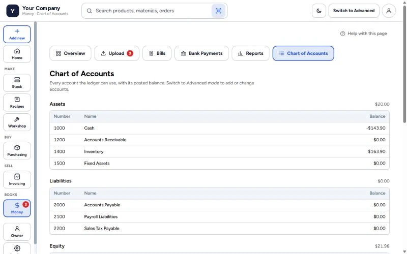 GodKey MFG Chart of Accounts: assets, liabilities and equity with each account’s posted balance
