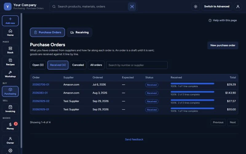 GodKey MFG Purchase Orders in dark mode