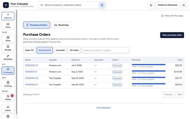 GodKey MFG Purchase Orders: received orders with supplier, date, how much of each order has arrived, and totals