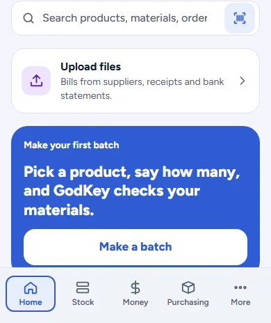 GodKey MFG home on a phone with the bottom menu