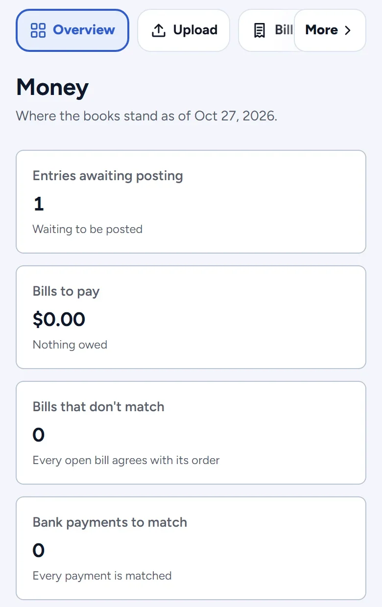 GodKey MFG Money on a phone: entries waiting to be posted, bills to pay, bills that don’t match and bank payments to match