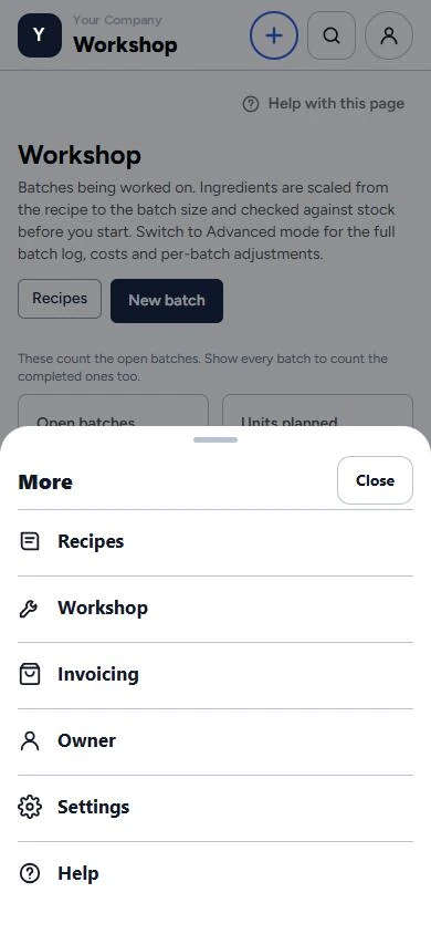 GodKey MFG phone menu: Recipes, Workshop, Invoicing, Owner, Settings and Help