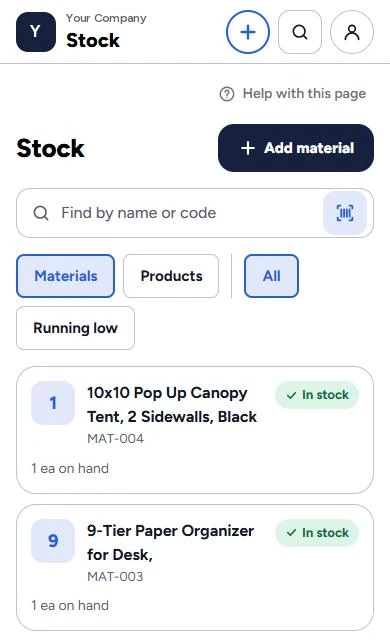 GodKey MFG Stock on a phone: materials with how many are on hand and whether they are in stock