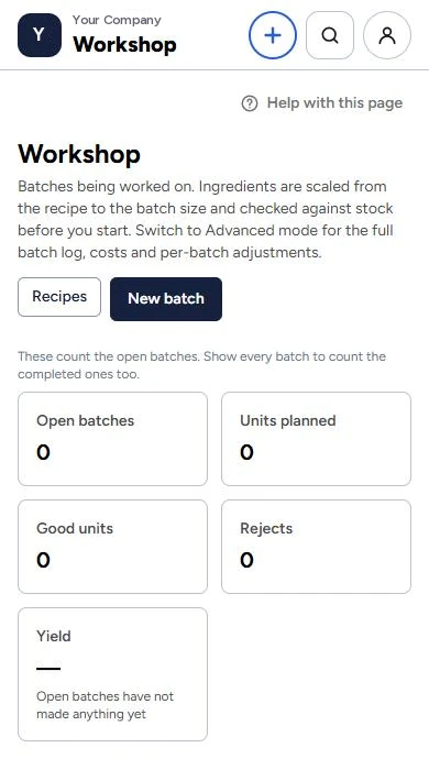 GodKey MFG Workshop on a phone: new batch, open batches, good units and rejects
