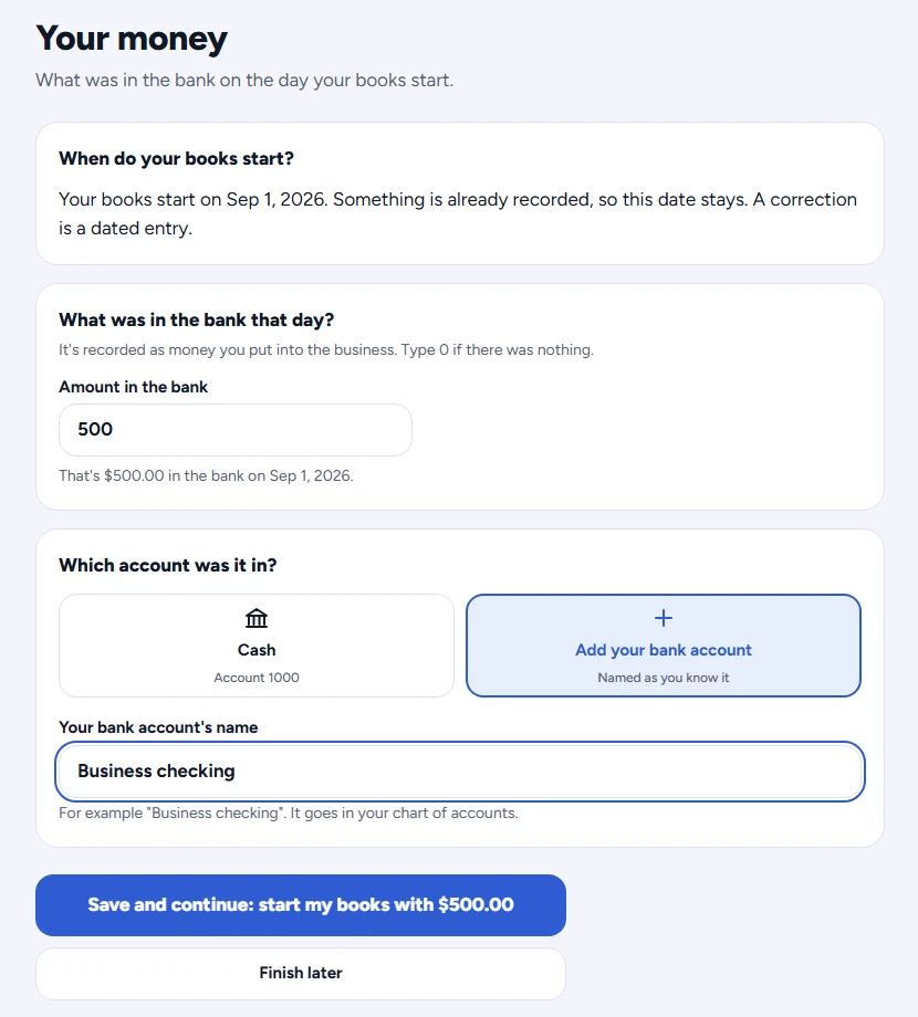 GodKey MFG setup, step 5 of 7, Your money: the day your books start, what was in the bank that day and which account it was in