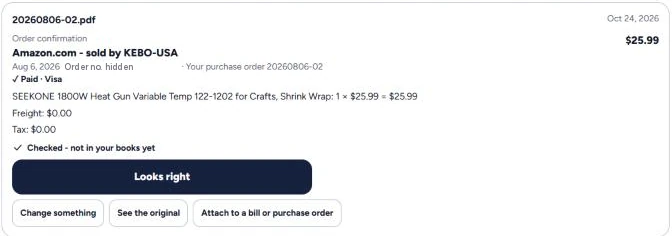 GodKey MFG reading an uploaded order confirmation: supplier, date, item, quantity, price, freight and tax, with Looks right, Change something and See the original buttons